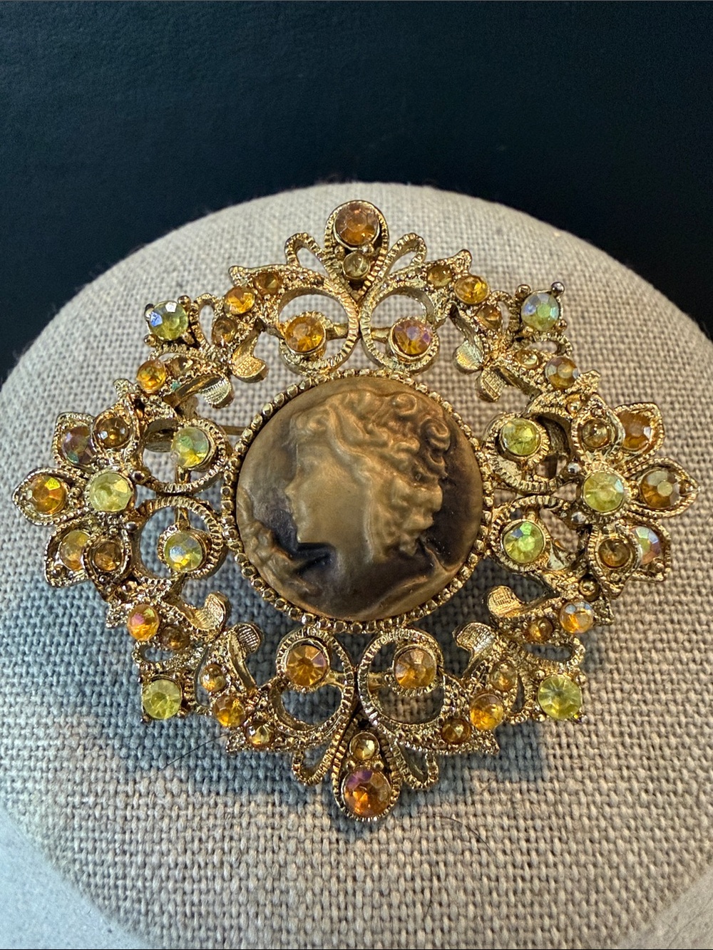 Gold-Tone Yellow Crystal Cameo Brooch - Vintage-Style Women’s Jewelry